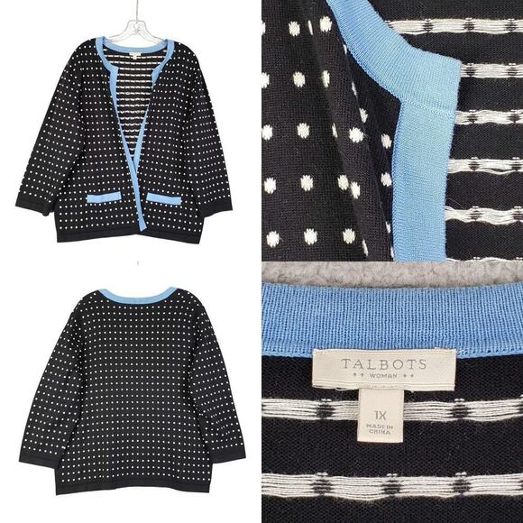 Talbots Cardigan Sweater Polka Dot Long Sleeve Blue LS Open Front Plus Size 1X - Picture 1 of 8
